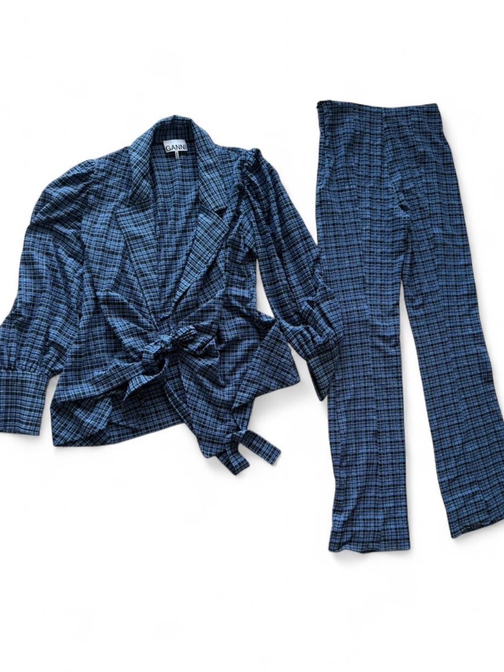 Ganni Blue Plaid Boot Cut Pants